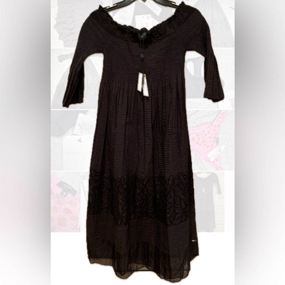 NWT Max Studio London Embroidered Peasant Lace Off Shoulder Black Midi Dress XS